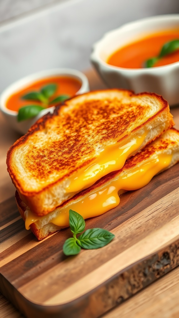 A delicious grilled cheese sandwich with melted cheese, served with a bowl of tomato soup on a wooden board.